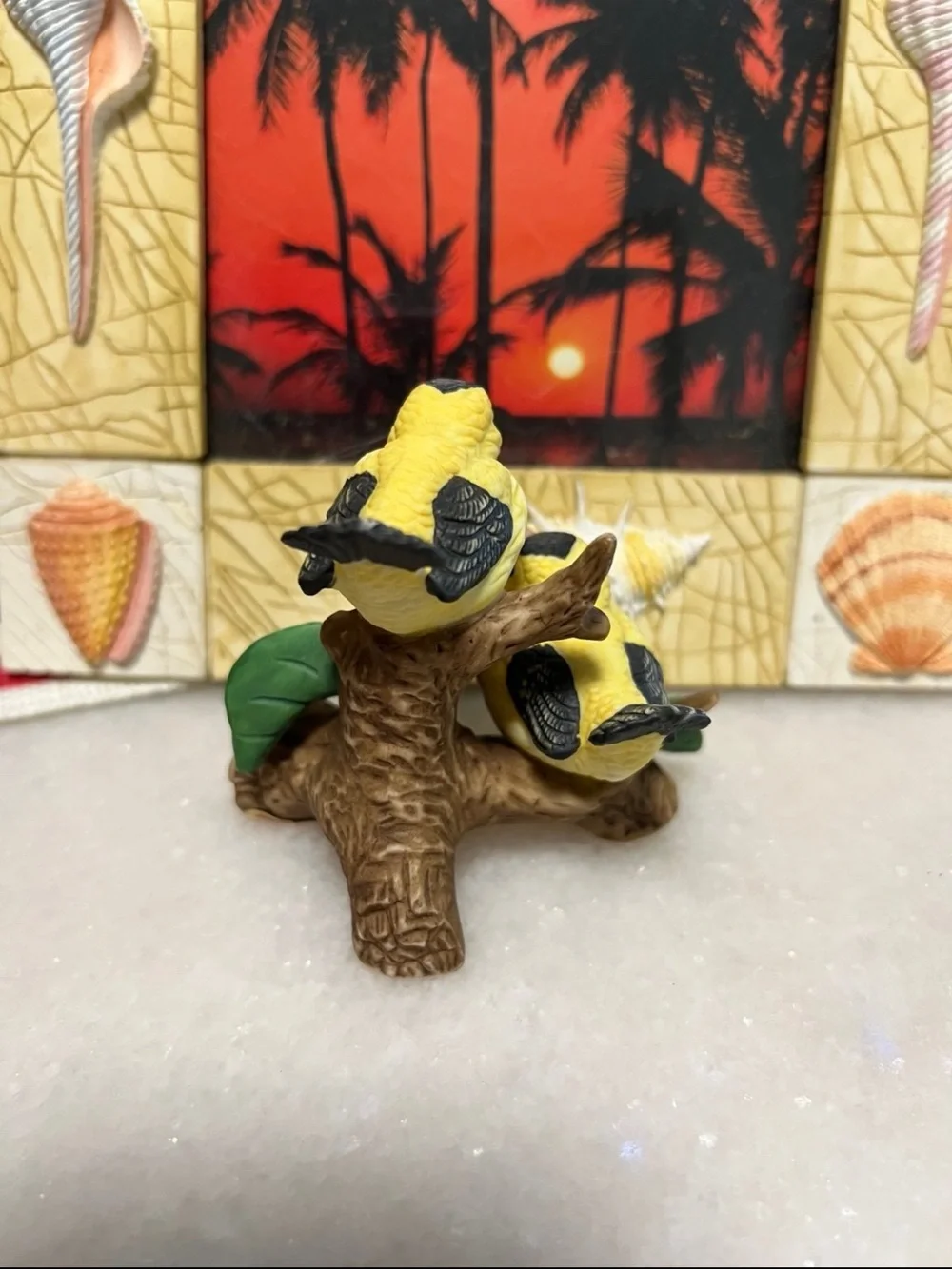 Lefton Yellow and Black Bird Figurine Pair on Branch